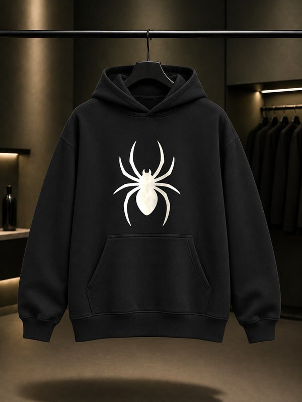 Tek Renk Örümcek baskılı siyah kapüşonlu sweatshirt