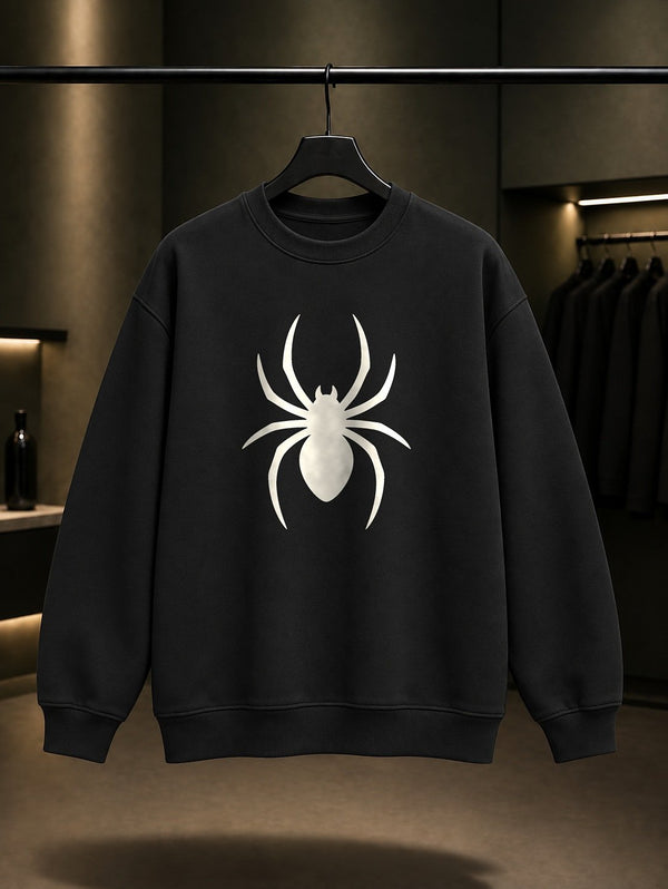 Tek Renk Örümcek baskılı siyah sweatshirt