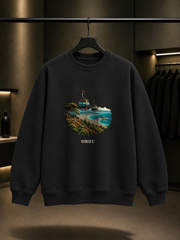 Ordu Boztepe Teleferik baskılı siyah sweatshirt