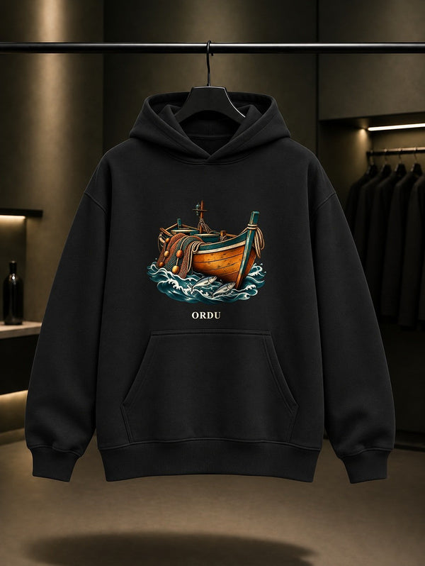 Ordu Karadeniz Teknesi baskılı siyah kapüşonlu sweatshirt