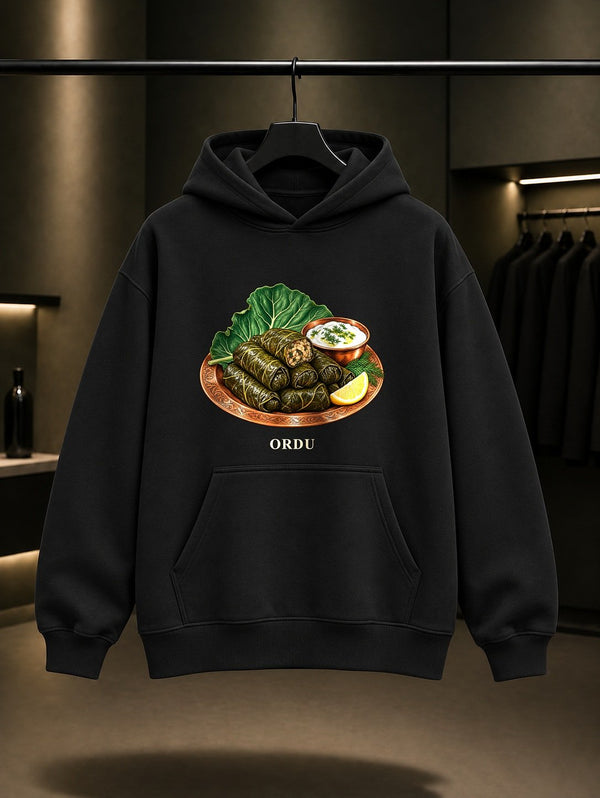 Ordu Karalahana Sarması baskılı siyah kapüşonlu sweatshirt