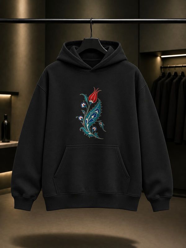Saz Yaprağı Baskılı Unisex %100 Pamuk Kapüşonlu Sweatshirt · Osmanlı Motifi
