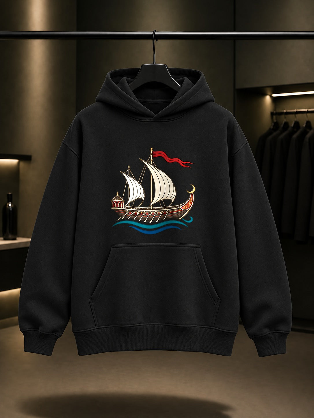 Mini Kadırga Baskılı Unisex %100 Pamuk Kapüşonlu Sweatshirt · Osmanlı Motifi