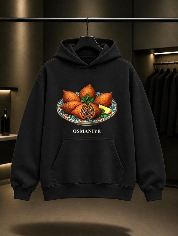 Osmaniye İçli Köfte baskılı siyah kapüşonlu sweatshirt