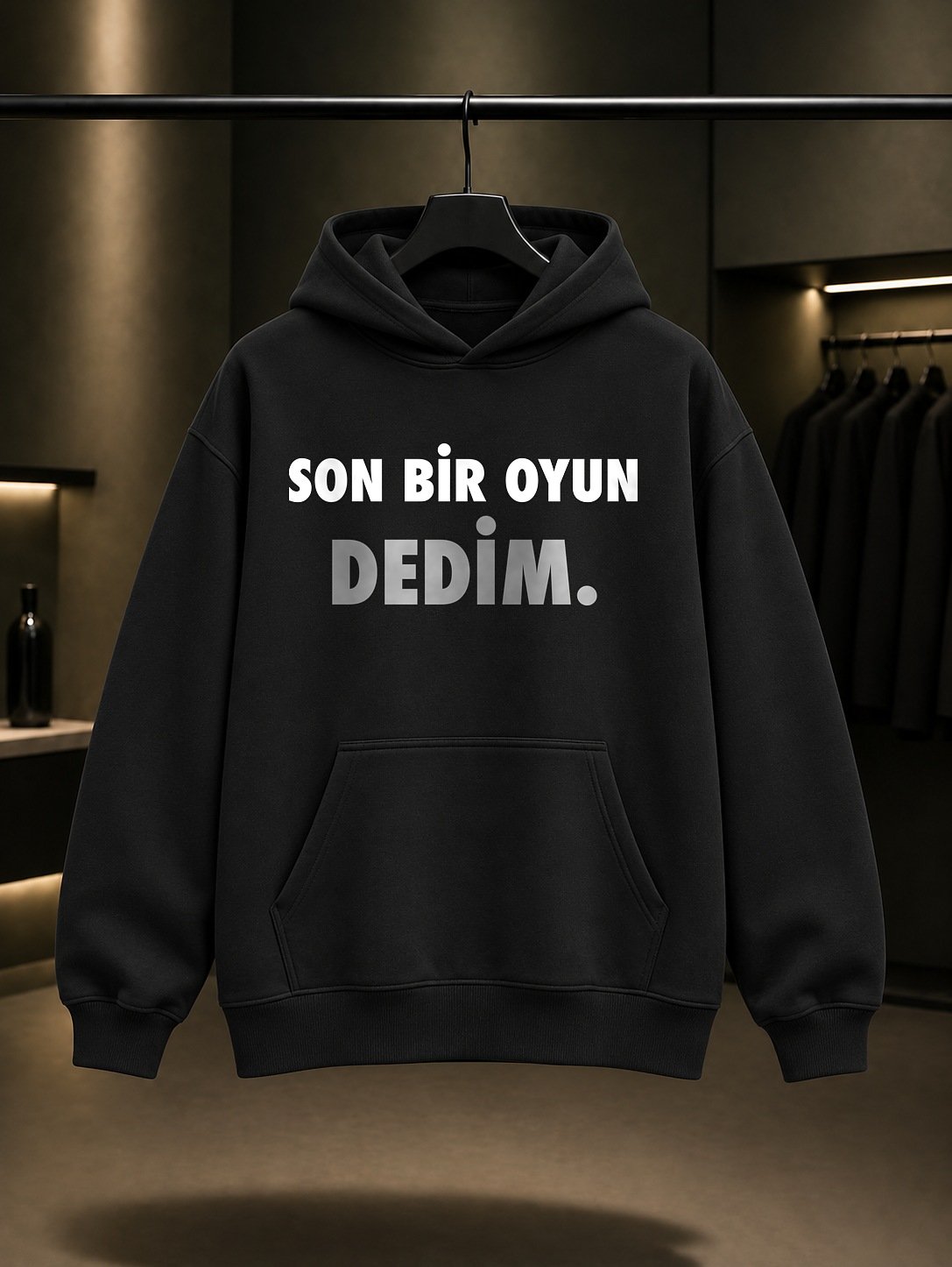 Son Bir Oyun Dedim Yazılı Baskılı Unisex %100 Pamuk Kapüşonlu Sweatshirt — Siyah