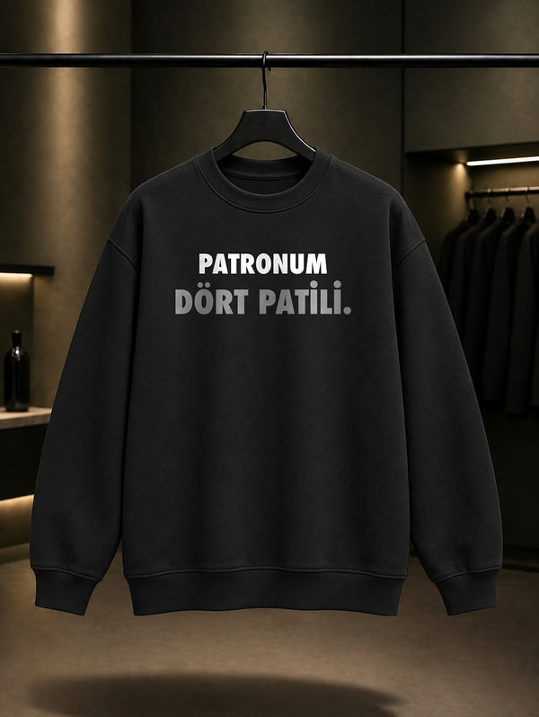 Patronum Dört Patili Yazılı Baskılı Unisex %100 Pamuk Sweatshirt — Siyah