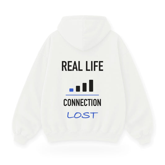 Real Life Connection Lost baskılı beyaz kapüşonlu sweatshirt