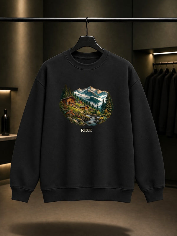 Rize Ayder Yaylası baskılı siyah sweatshirt