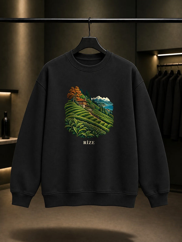 Rize Çay Bahçeleri baskılı siyah sweatshirt