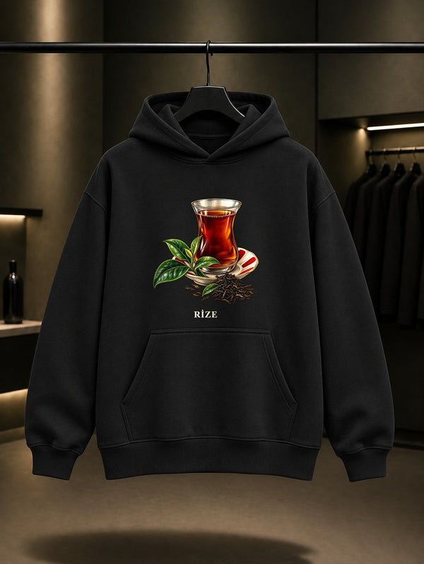 Rize Çayı baskılı siyah kapüşonlu sweatshirt