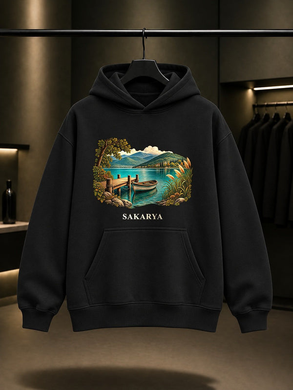 Sakarya Sapanca Gölü baskılı siyah kapüşonlu sweatshirt