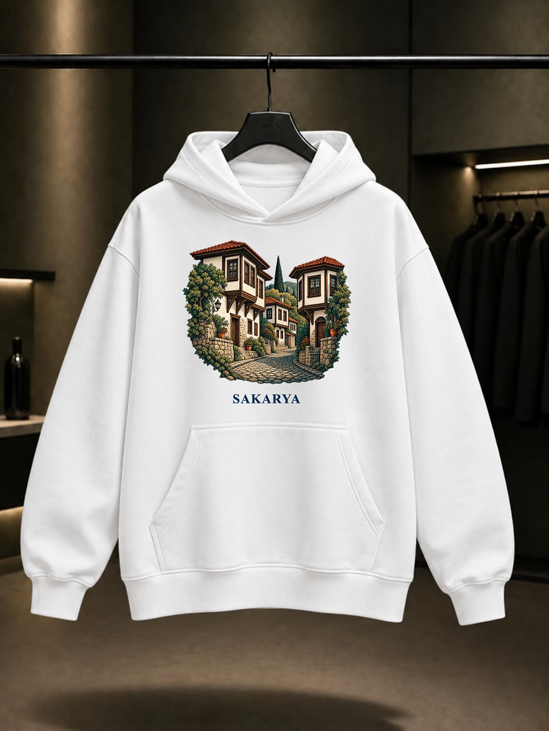 Sakarya Taraklı Evleri baskılı beyaz kapüşonlu sweatshirt