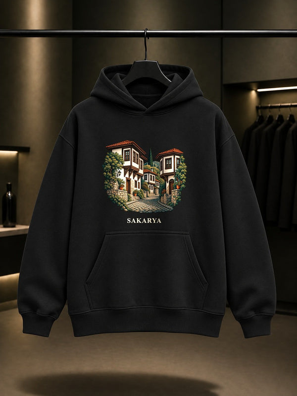 Sakarya Taraklı Evleri baskılı siyah kapüşonlu sweatshirt