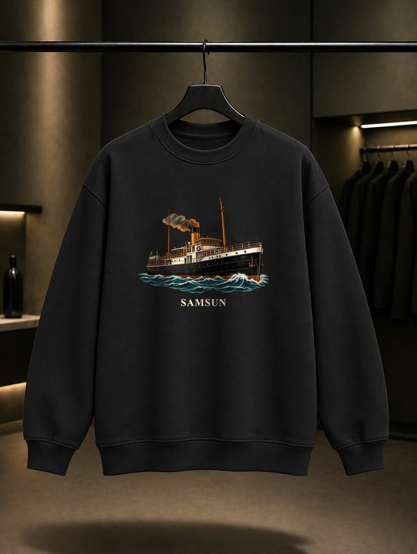 Samsun Bandırma Vapuru baskılı siyah sweatshirt