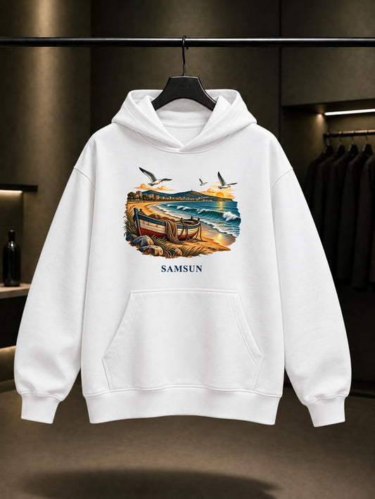 Samsun Atakum Sahili baskılı beyaz kapüşonlu sweatshirt