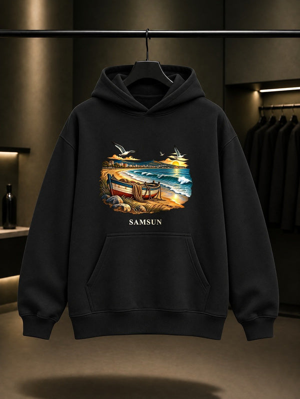 Samsun Atakum Sahili baskılı siyah kapüşonlu sweatshirt