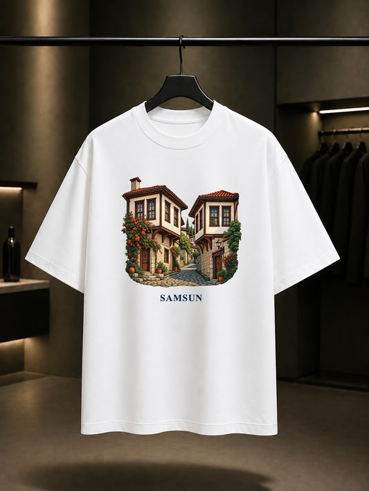 Samsun Vezirköprü Evleri baskılı beyaz t-shirt