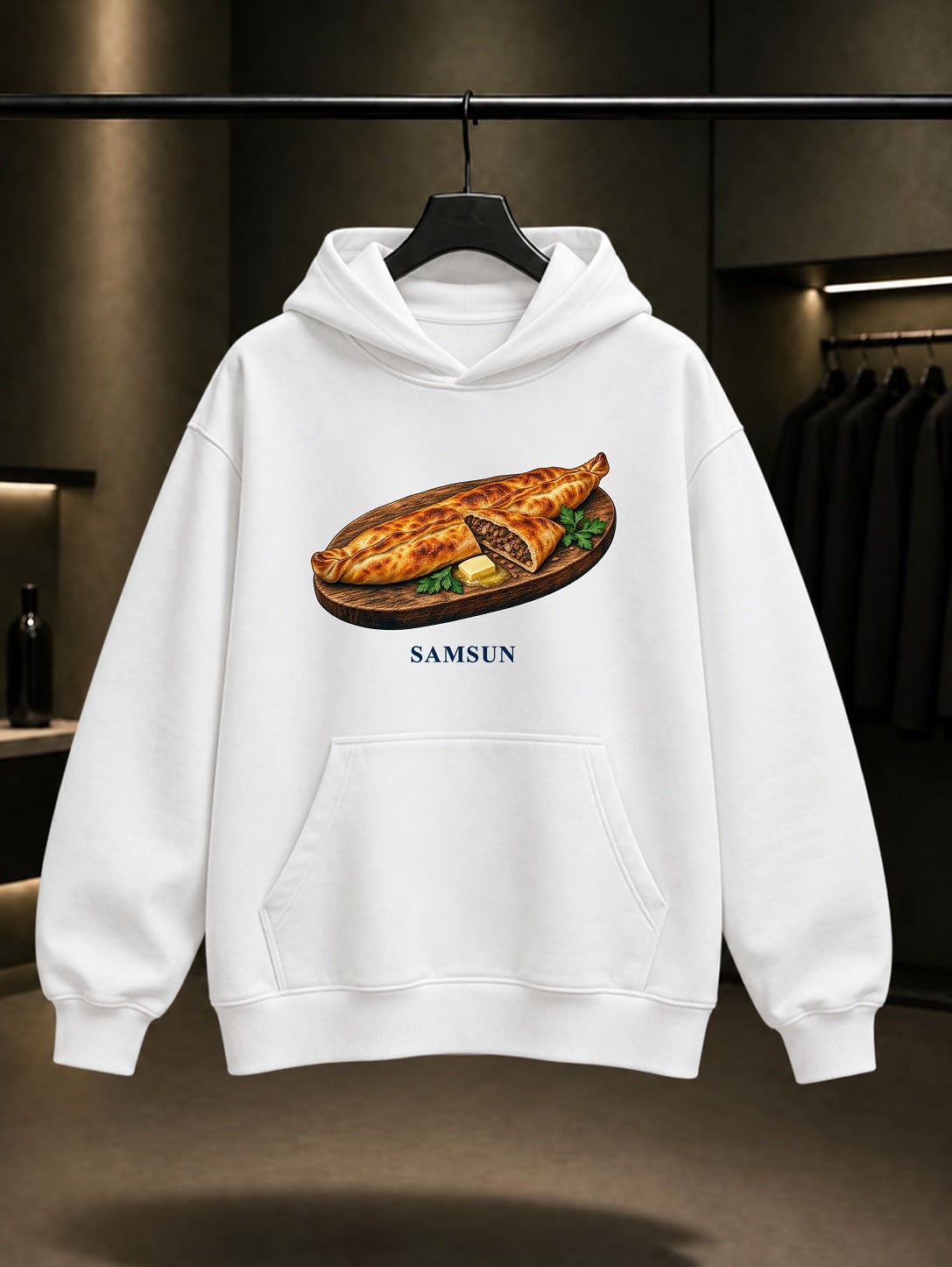 Samsun Bafra Pidesi baskılı beyaz kapüşonlu sweatshirt