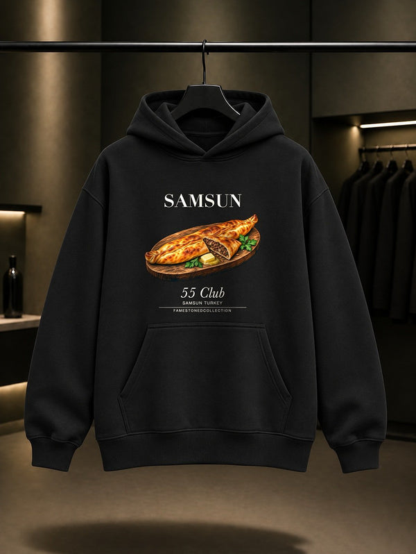 Samsun Bafra Pidesi 55 Club baskılı siyah kapüşonlu sweatshirt