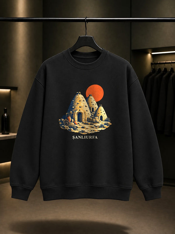 Şanlıurfa Harran Evleri baskılı siyah sweatshirt
