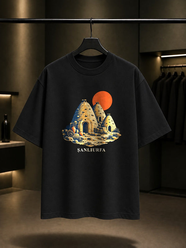 Şanlıurfa Harran Evleri baskılı siyah t-shirt