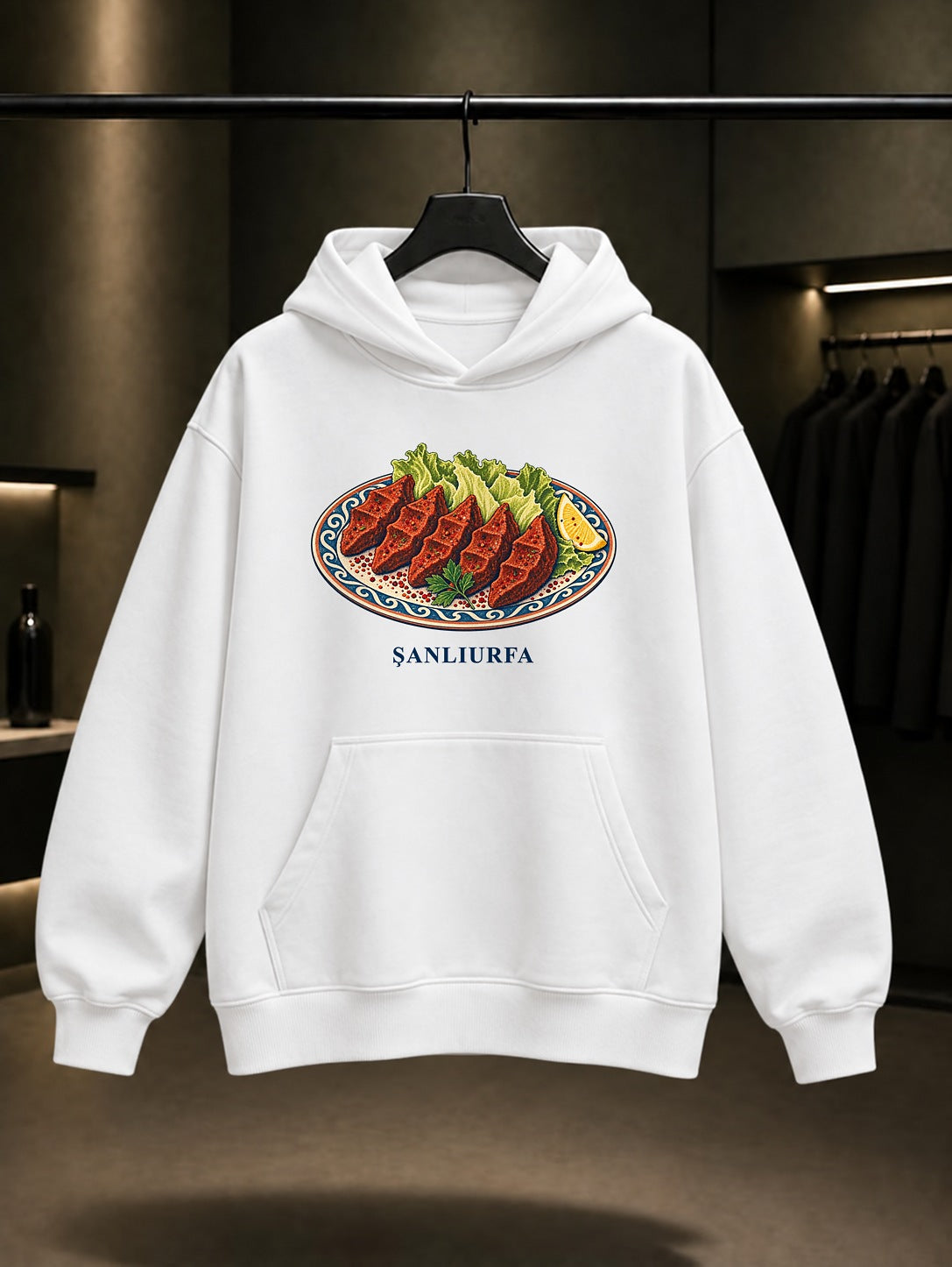 Şanlıurfa Çiğ Köfte baskılı beyaz kapüşonlu sweatshirt