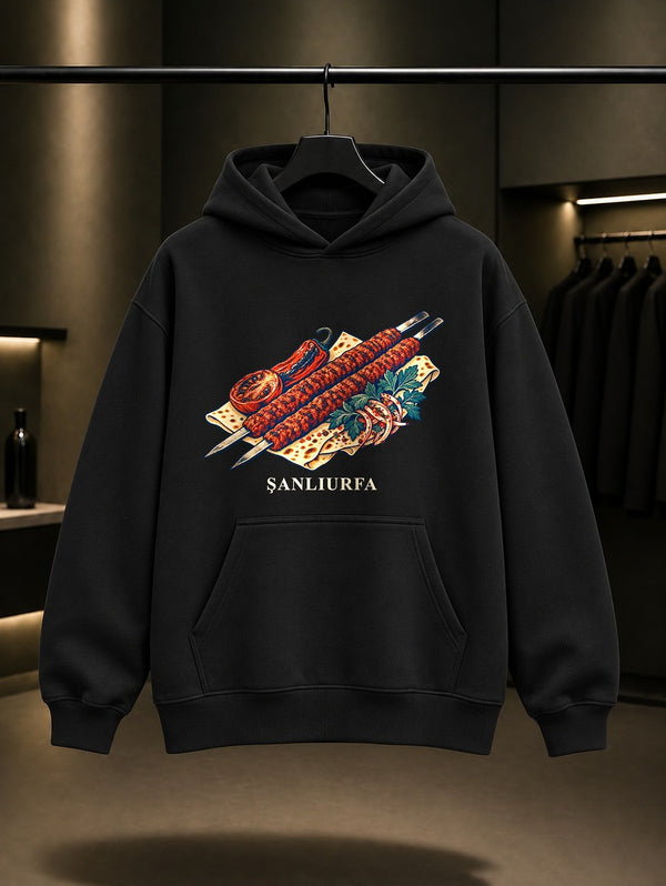Şanlıurfa Urfa Kebabı baskılı siyah kapüşonlu sweatshirt