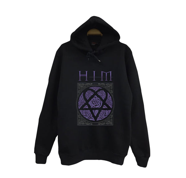 Him Logosu ve heartagram sembollü baskılı siyah kapüşonlu sweatshirt