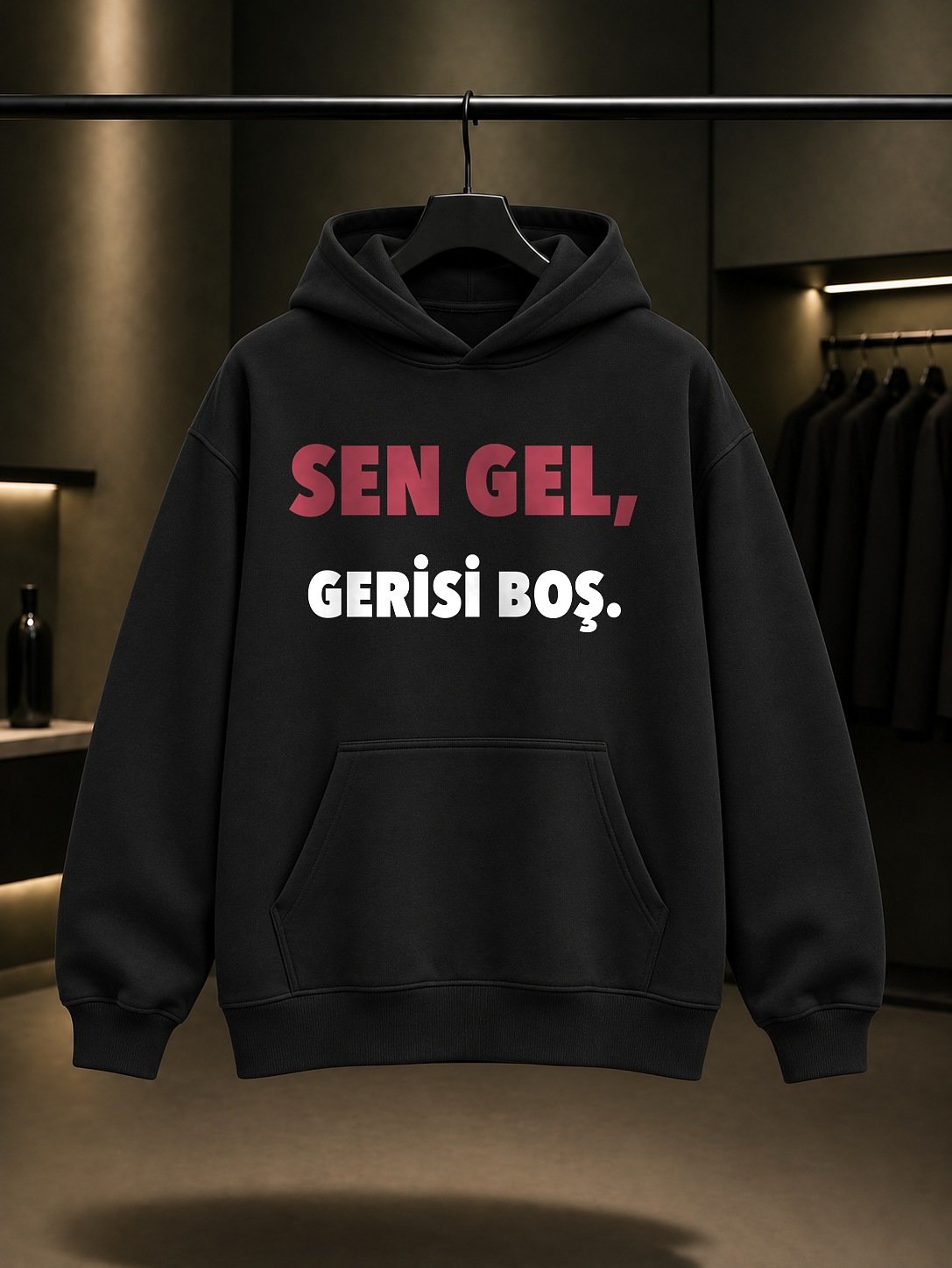 Sen Gel Gerisi Boş Baskılı Unisex %100 Pamuk Kapüşonlu Sweatshirt — Siyah