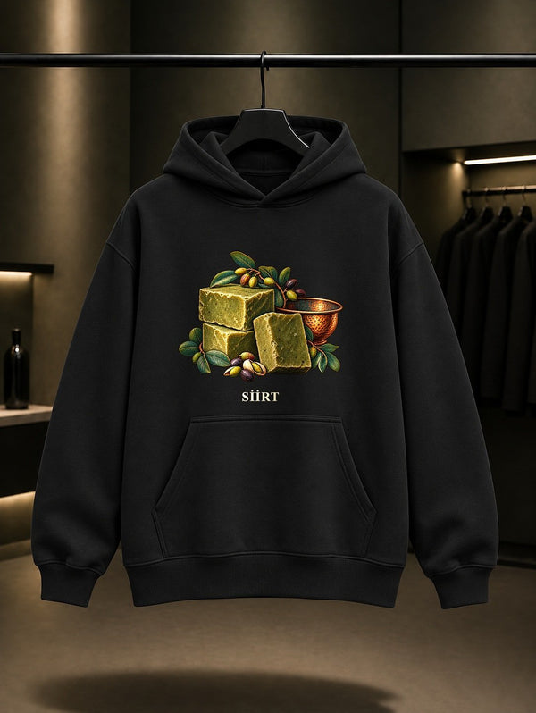Siirt Bittim Sabunu baskılı siyah kapüşonlu sweatshirt