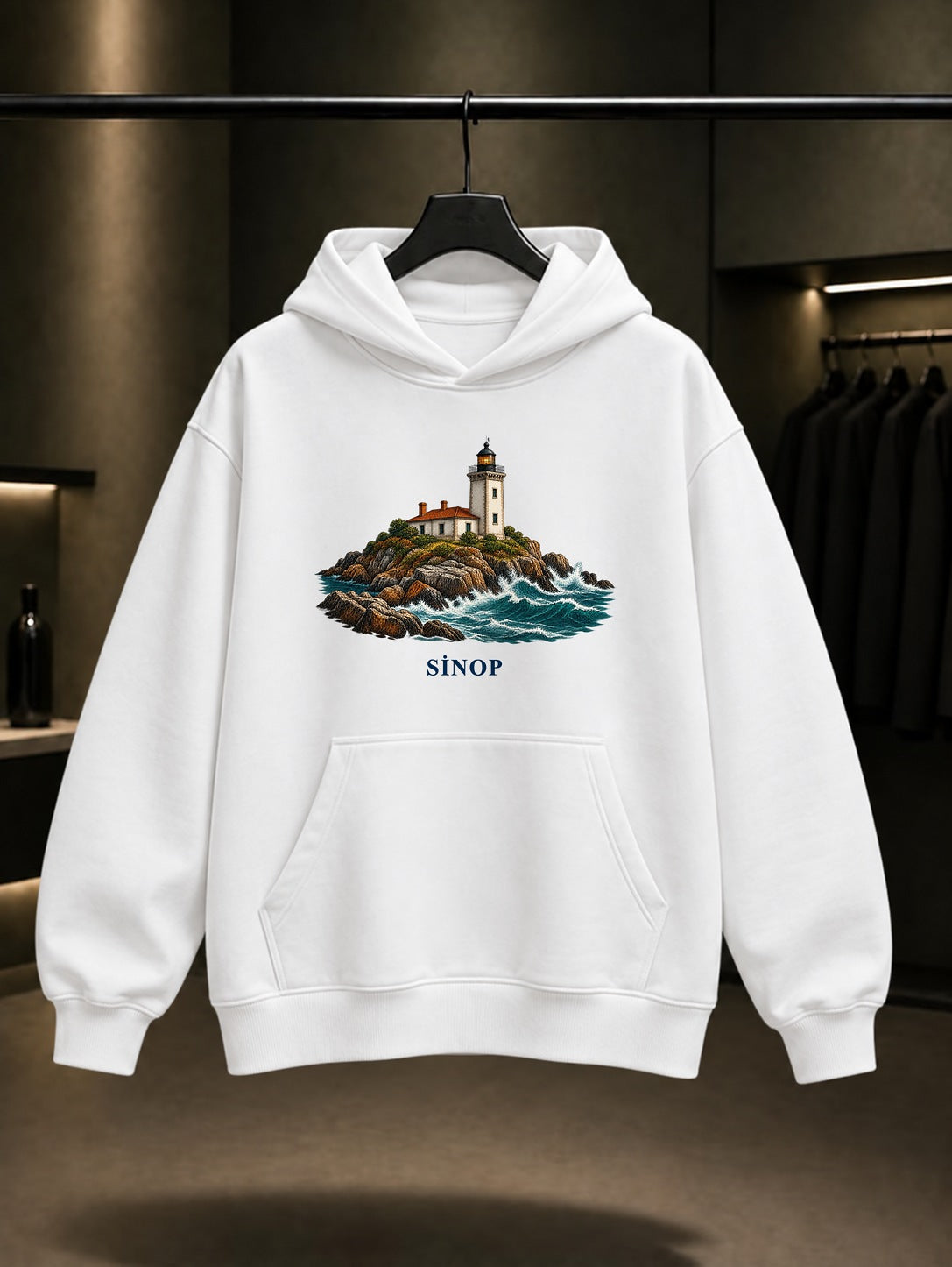 Sinop İnceburun Feneri baskılı beyaz kapüşonlu sweatshirt