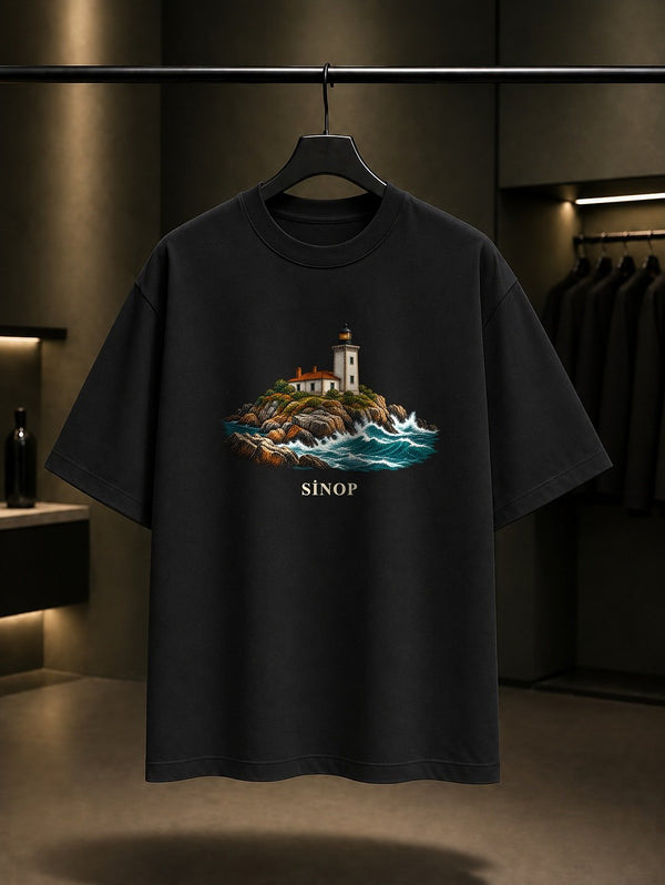 Sinop İnceburun Feneri baskılı siyah t-shirt