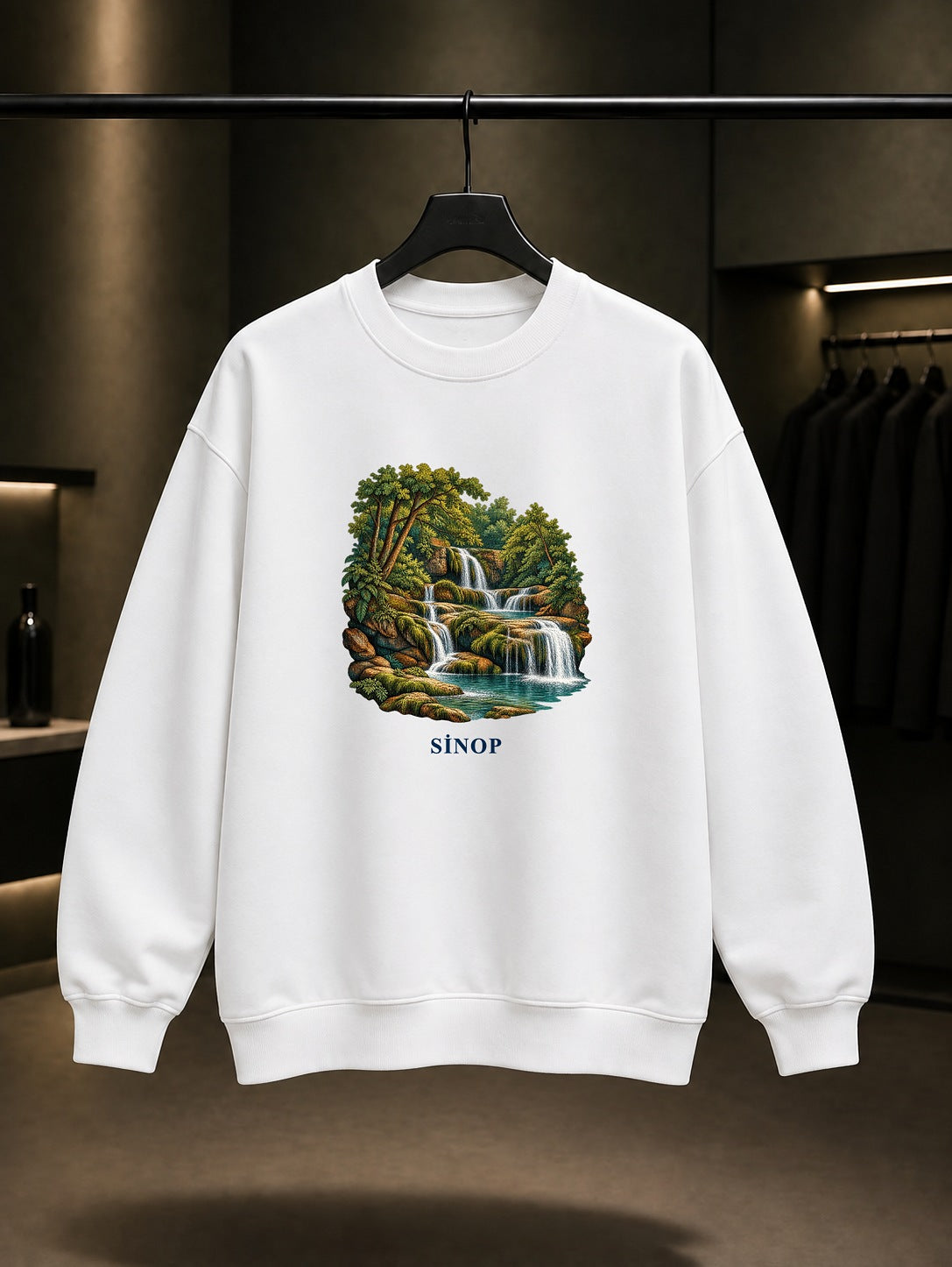 Sinop Erfelek Şelaleleri baskılı beyaz sweatshirt