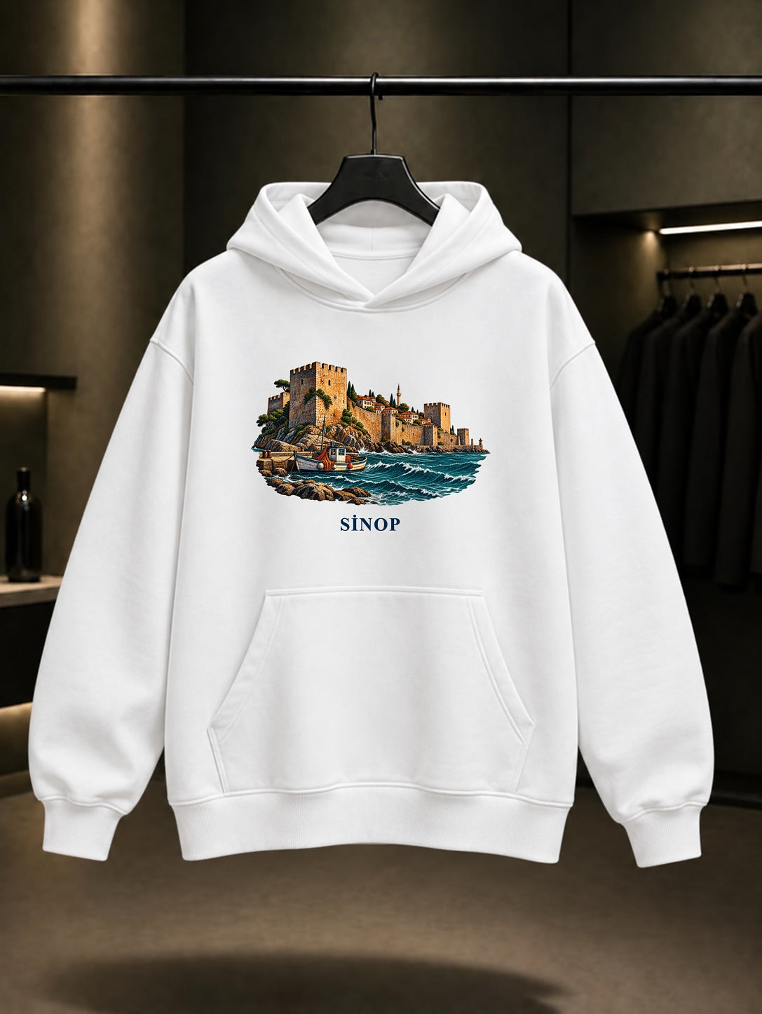 Sinop Kalesi baskılı beyaz kapüşonlu sweatshirt