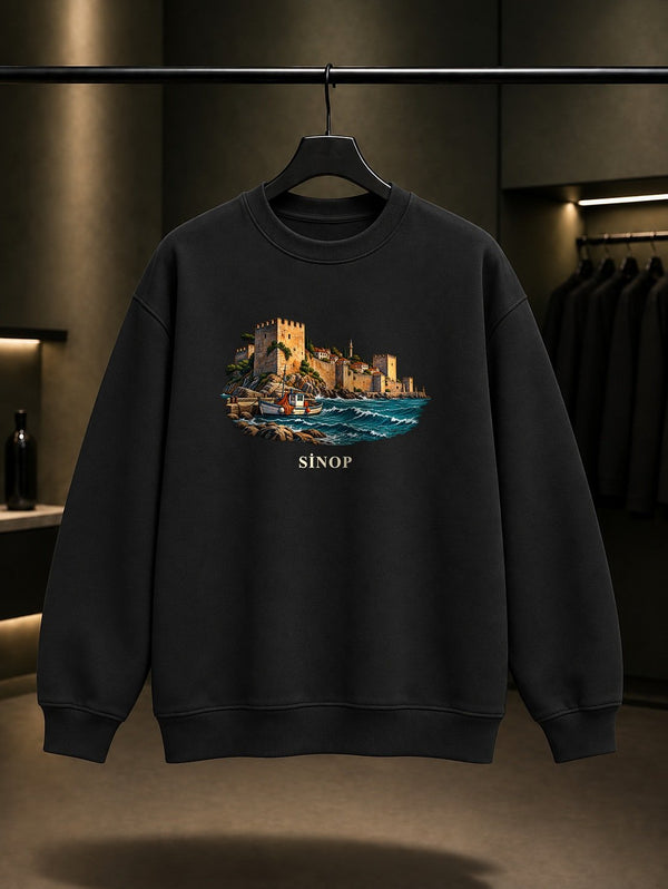 Sinop Kalesi baskılı siyah sweatshirt