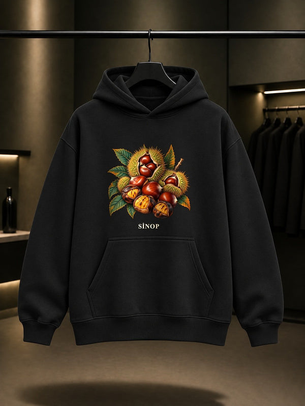 Sinop Kestane baskılı siyah kapüşonlu sweatshirt