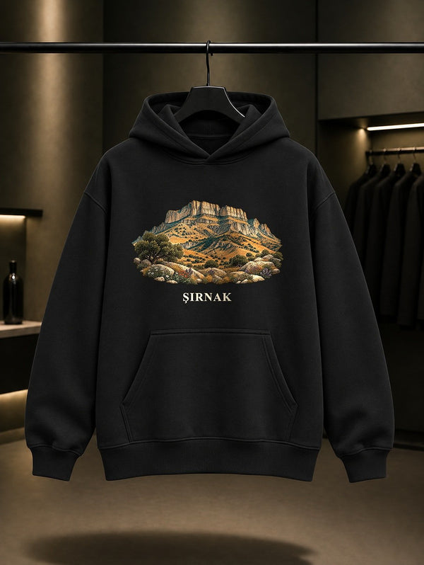 Şırnak Cudi Dağı baskılı siyah kapüşonlu sweatshirt