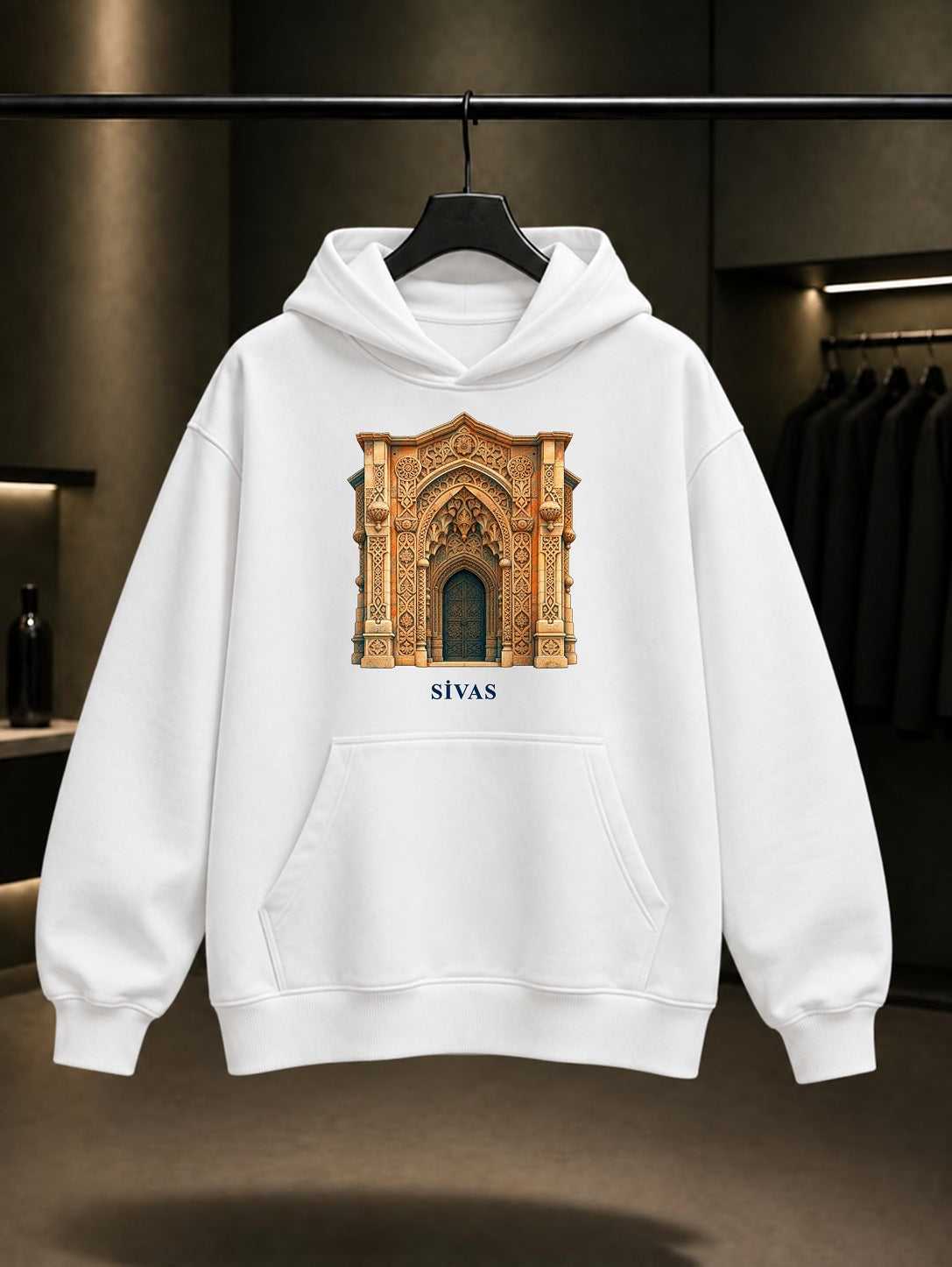 Sivas Divriği Taçkapı baskılı beyaz kapüşonlu sweatshirt