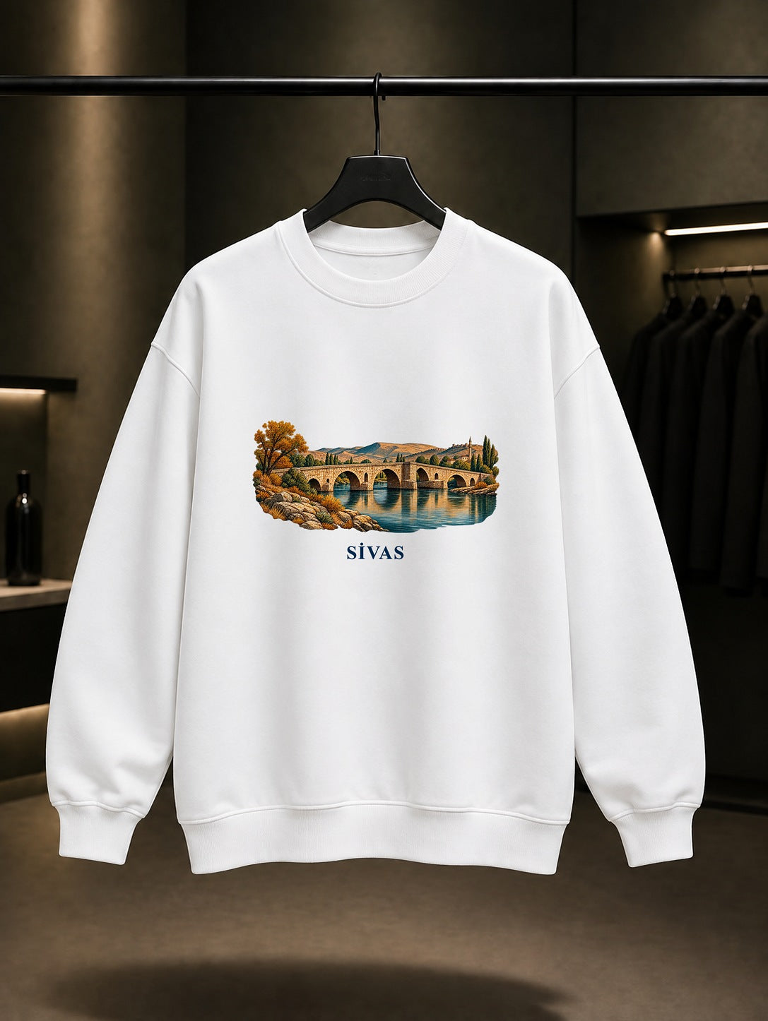 Sivas Eğri Köprü baskılı beyaz sweatshirt