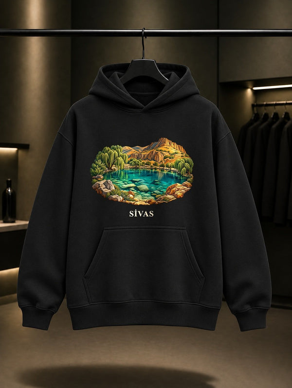 Sivas Gökpınar Gölü baskılı siyah kapüşonlu sweatshirt