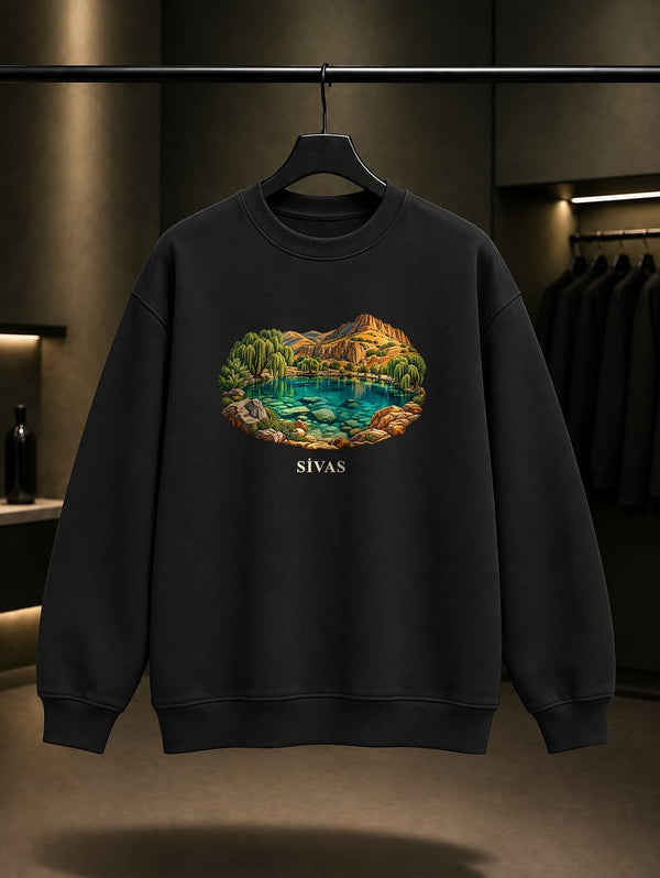 Sivas Gökpınar Gölü baskılı siyah sweatshirt