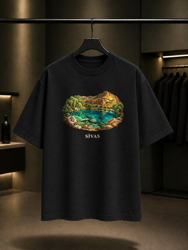 Sivas Gökpınar Gölü baskılı siyah t-shirt