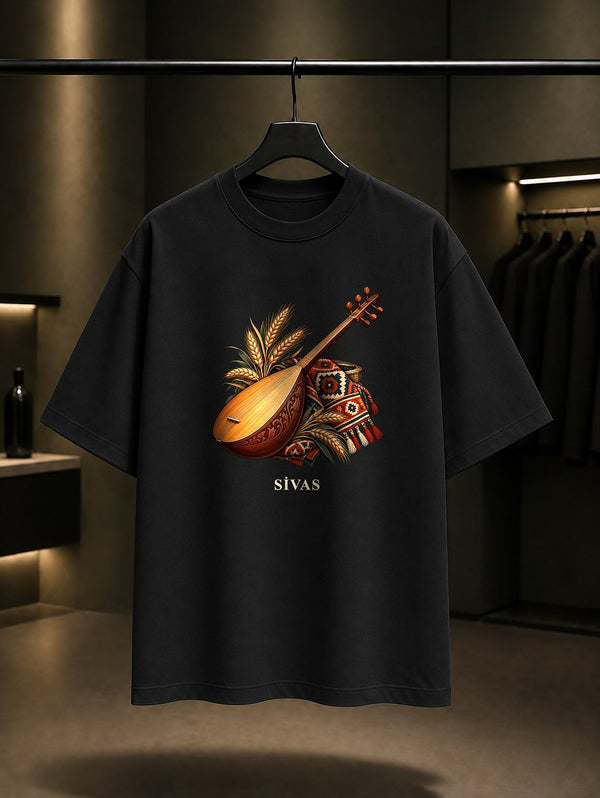 Sivas Âşık Veysel Saz baskılı siyah t-shirt