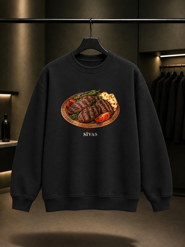 Sivas Köftesi baskılı siyah sweatshirt