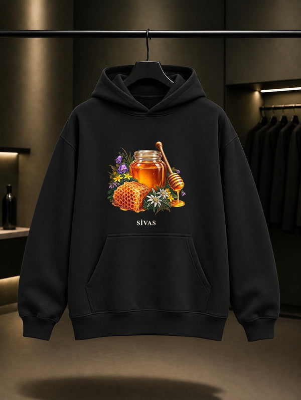 Sivas Balı baskılı siyah kapüşonlu sweatshirt