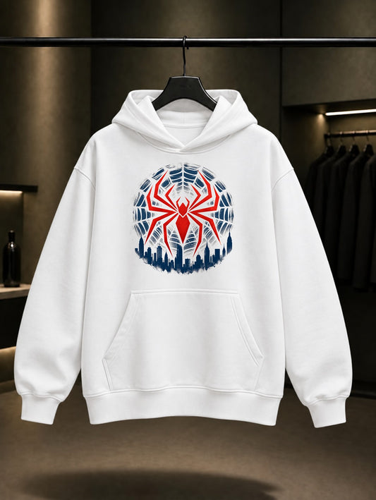 Örümcek Ağı Şehir Amblemi baskılı beyaz kapüşonlu sweatshirt