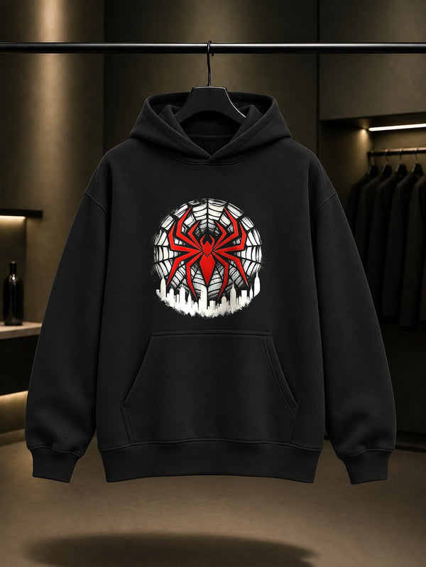 Örümcek Ağı Şehir Amblemi baskılı siyah kapüşonlu sweatshirt