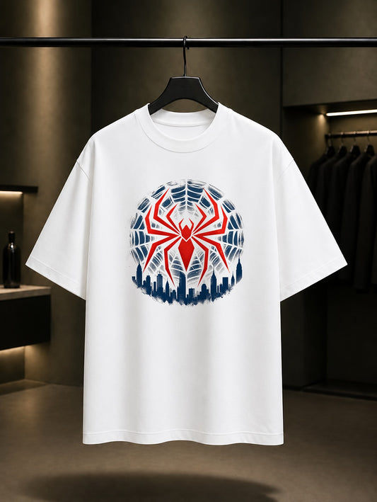 Örümcek Ağı Şehir Amblemi baskılı beyaz t-shirt