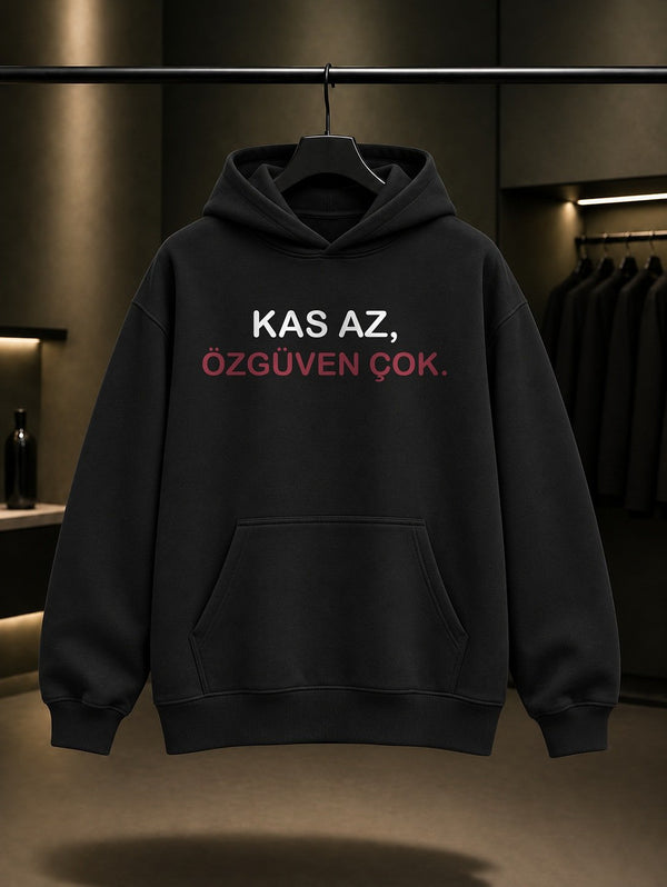 Kas Az, Özgüven Çok Yazılı Baskılı Unisex %100 Pamuk Kapüşonlu Sweatshirt — Siyah