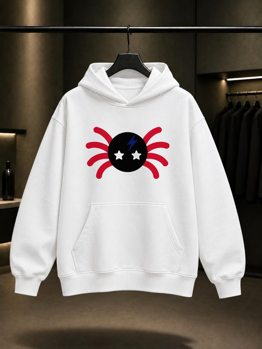 Yıldız Gözlü Örümcek baskılı beyaz kapüşonlu sweatshirt